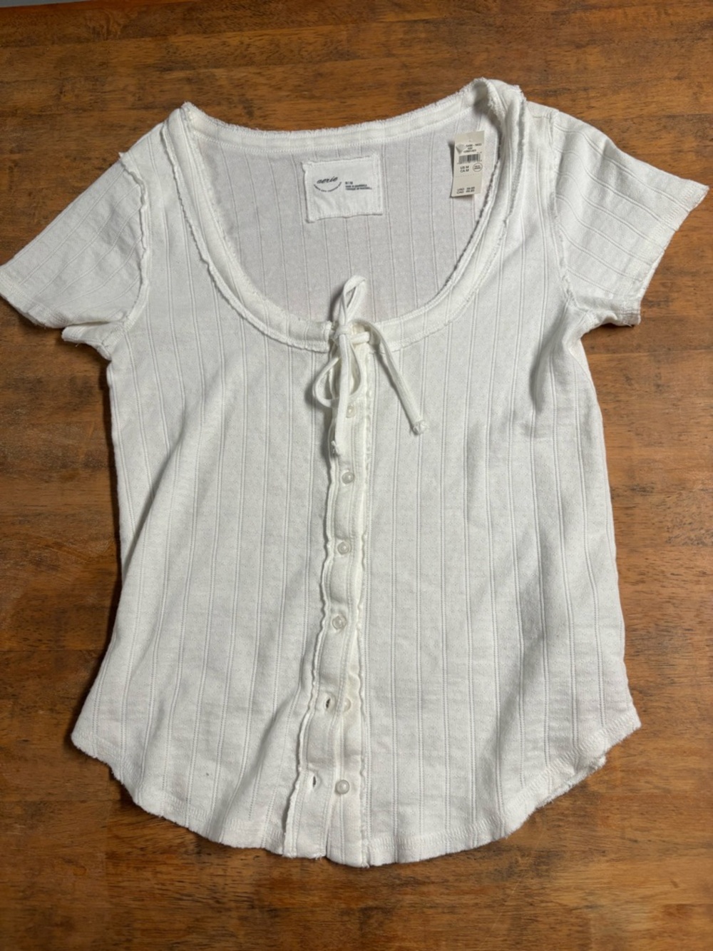 aerie White Ribbed Tie-Front Button Short Sleeve Tee